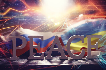 Double exposure Peace Word Written In Wooden Letters and abstract technology background....