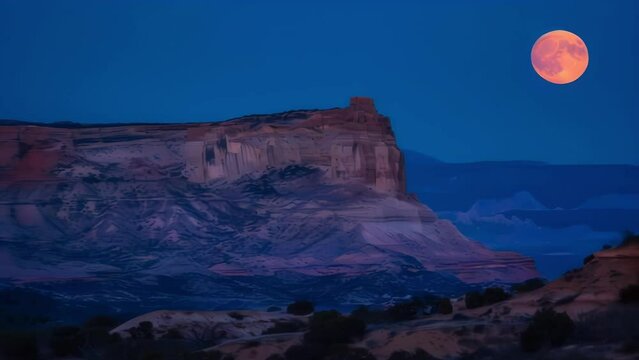 The moons ethereal light casts a spell over the mesa transforming it into a mystical otherworldly landscape unlike any other. 2d flat cartoon.