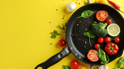 Plate and frying pan with tasty vegetables  - Powered by Adobe