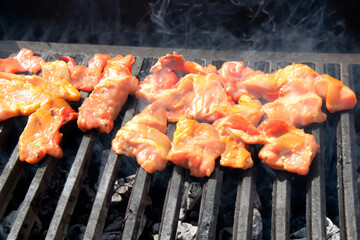 Small pieces of meat are grilled on the grill barbecue grate