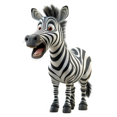 A 3D animated cartoon render of a startled zebra urgently calling out to campers for assistance.