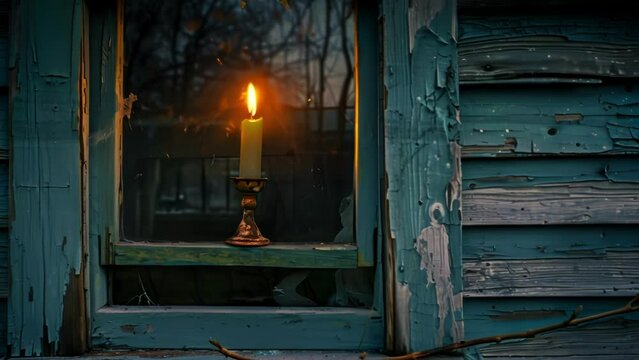 A lone candle burning in a window of the abandoned farmhouse despite no one living inside. 2d flat cartoon.