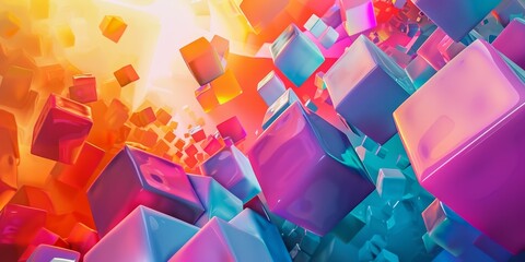 A collection of vibrant, multicolored cubes suspended in mid-air, creating a striking visual display. The cubes are various sizes and colors, forming an abstract and contemporary background design