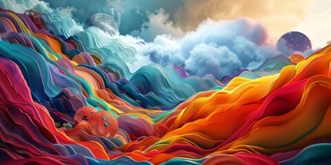 A vibrant painting depicting a colorful landscape with fluffy clouds in the sky. Various hues of green, blue, yellow, and pink create a dynamic scene