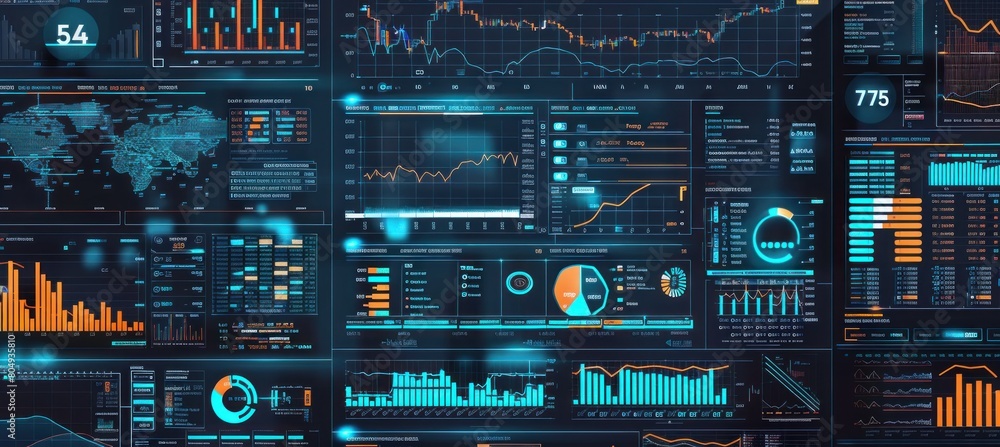 Poster computer screen filled with graphs and charts in electric blue font