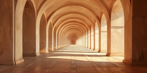 A grand hallway lined with elegant arches and towering columns, showcasing a stunning architectural design. The corridor stretches into the distance, creating a sense of depth and grandeur