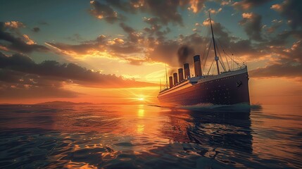 Titanic in the ocean sunlight. Image about story of Titanic. copy space for text. - obrazy, fototapety, plakaty