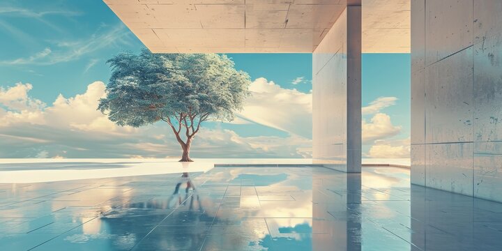 A tree standing beside a pool of water, its reflection perfectly mirrored on the calm surface, creating a stunning visual effect against the backdrop