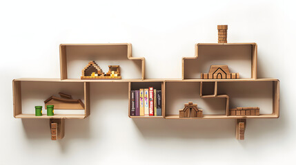 Fototapeta premium Creatively Designed Bookshelf: Cityscape-Inspired Structure with Varied Compartments, Modern Aesthetic, Filled with Books and Decorative Items, Highlighted Against a Plain Background.