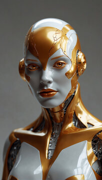 A charming female robot made entirely of glossy plastic, The overall color is gold 08
