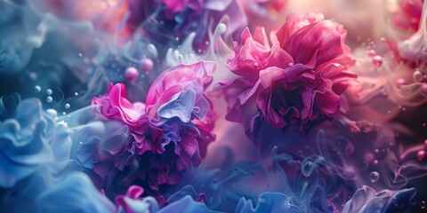 A group of pink and blue flowers gently float in water, creating a beautiful and colorful display. The delicate petals and vibrant colors stand out against the waters surface