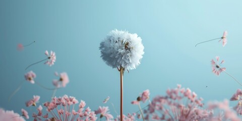 A bunch of colorful flowers suspended in the air, creating a whimsical and dynamic scene against a plain background