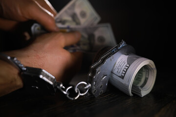 Hands of a fraudster with handcuffs on a background of us dollars. Fraud, cyber crime concept....