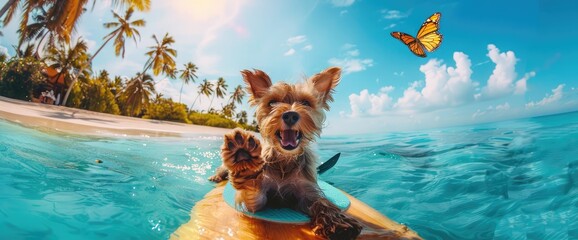 The beige dog with a cat are floating on a stand up paddle board along the tropical coast of the maldives. The cat is making selfie. Butterfly flies next to them.