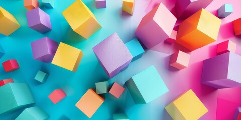 Obraz premium A group of vibrant cubes suspended in mid-air, creating a mesmerizing display of colors and shapes against a neutral background design
