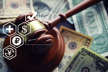 Judge gavel On Dollar Cash. Corruption, Bankruptcy Court, Crime, Bribing, Fraud, Auction Bidding...