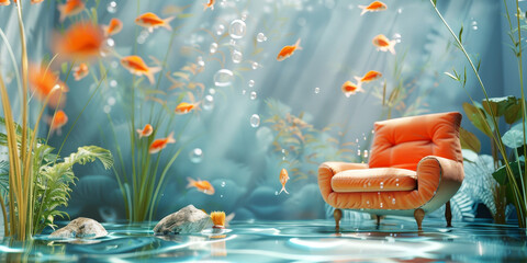 An orange chair is seen suspended in the water of a pond, creating a curious sight against the...