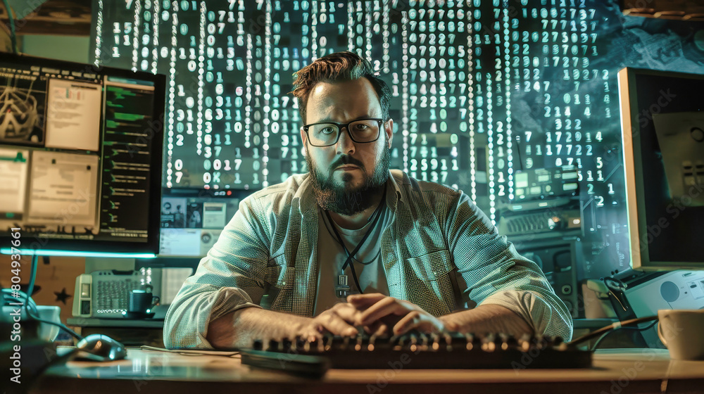 Poster a man sitting at a desk, intensely focused on his computer screen, with code scrolling down rapidly