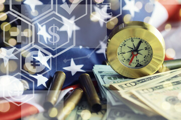 Fototapeta premium Magnetic compass. The concept of finding successful solutions to problems. Compass, map, sleeves, hands.