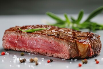 Fototapeta premium Closeup shot of a beef steak with peppercorns and herbs on a plate