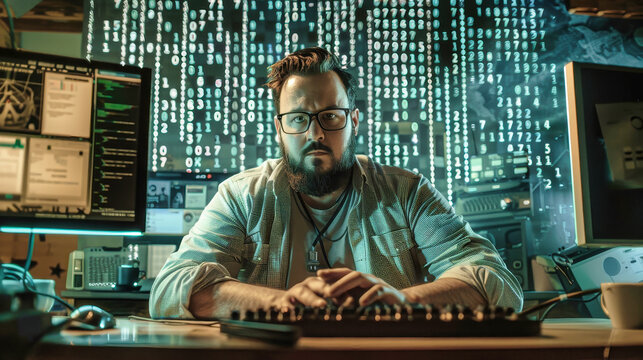 A man sitting at a desk, intensely focused on his computer screen, with code scrolling down rapidly