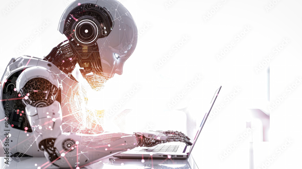 Poster a futuristic robot sits diligently at a desk, focused on a laptop screen, utilizing artificial intel