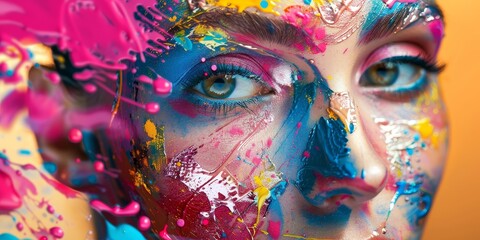 A womans face is completely covered in vibrant and colorful paint, creating a bold and artistic look. The paint contrasts with the background design, making a striking visual statement