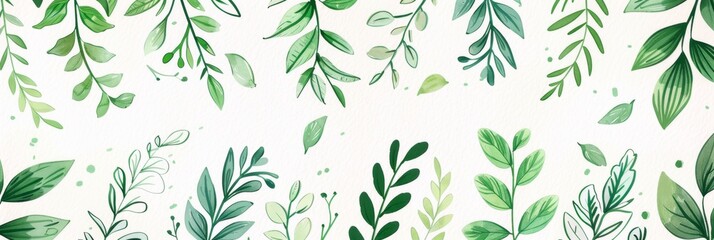 Fototapeta premium A seamless botanical watercolor illustration featuring a variety of green leaves, perfect for backgrounds, textiles, and eco-friendly concepts