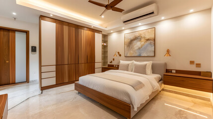 Modern Bedroom Interior: Gray Upholstered Headboard and Bedding, Platform Bed with LED Lighting, Wood Paneled Walls, and Neutral Color Scheme for a Cozy, Sophisticated Atmosphere.