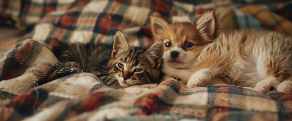 The kitten lies and looks at the camera on a fluffy sleeping puppy under a checkered blanket