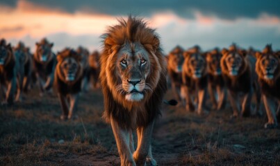 A majestic lion walking in front of an impressive group of lions, showcasing its strength and beauty under the dramatic light of dusk