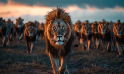 A majestic lion walking in front of an impressive group of lions, showcasing its strength and beauty under the dramatic light of dusk © MrMachyH