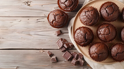 Plate with delicious chocolate muffins on beige wooden