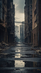 A haunting glimpse of urban decay, an empty street in a city ravaged by disaster, reminiscent of scenes from a post-apocalyptic film.
