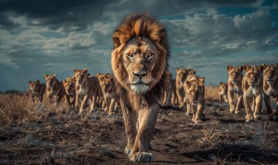 A majestic lion walking in front of an impressive group of lions, showcasing its strength and beauty under the dramatic light of dusk
