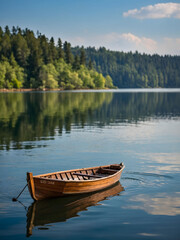 A peaceful moment captured as a boat drifts lazily across the shimmering lake.