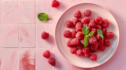 Plate with fresh raspberries and mint on pink tile background