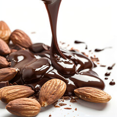 photo of peeled almonds with poured chocolate on a white background, appetizing image