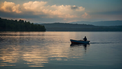 A serene scene of a solitary boat gliding across the tranquil waters of the lake.