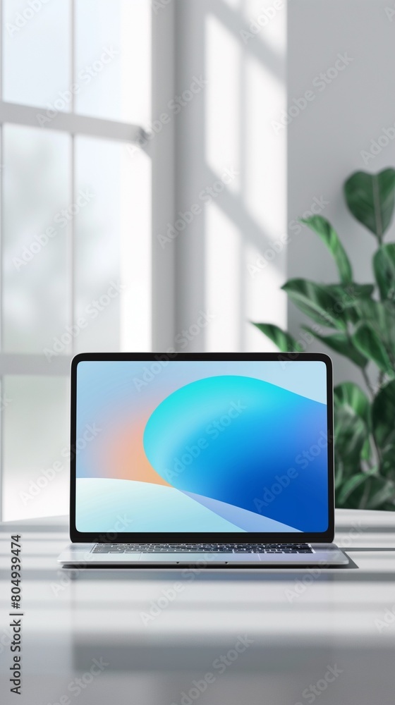 Poster a vertical image of a laptop with a colorful screen.