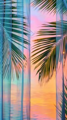 A row of palm trees against a magenta and azure sunset sky