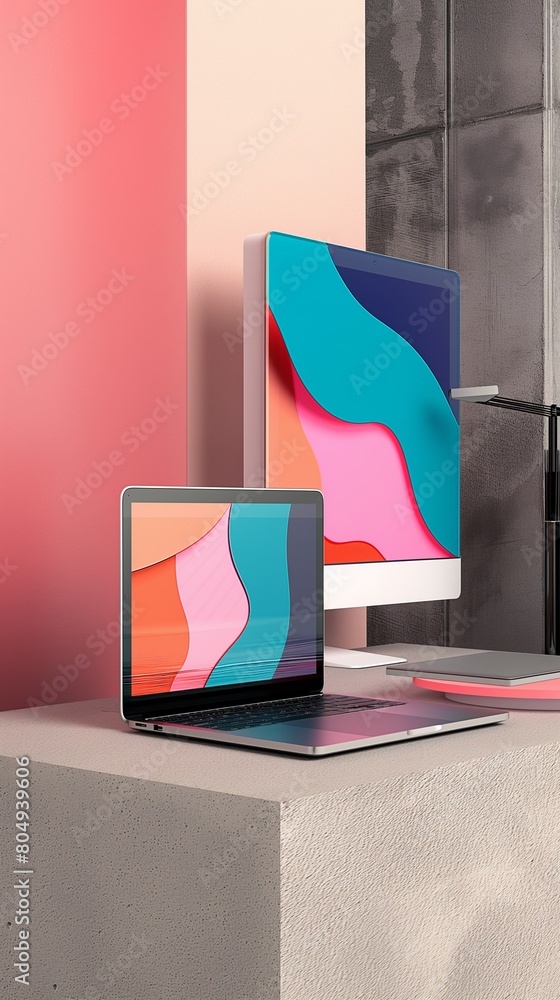 Poster a vertical image of a laptop with a colorful screen.