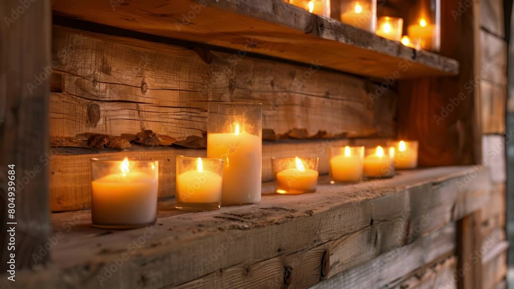 Poster in a rustic cabin alcoves built into the wooden walls hold candles of various sizes creating a rusti
