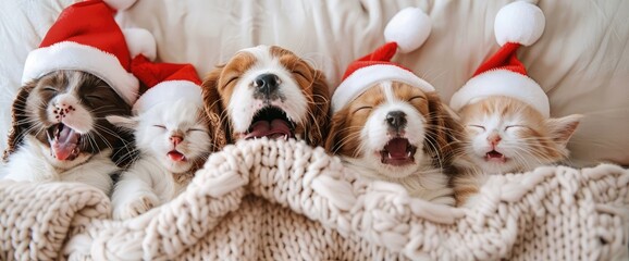 Yawning English Cocker spaniel puppy dressed like santa claus reindeer Rudolf lying with cozy...