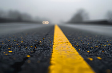 Close-Up of Wet Road Surface with Yellow Center Line: Reflective Asphalt and Rainy Conditions.