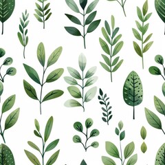 Fototapeta premium A seamless botanical watercolor illustration featuring a variety of green leaves, perfect for backgrounds, textiles, and eco-friendly concepts