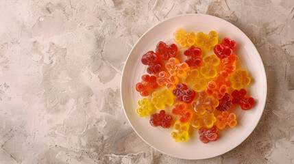 Fototapeta na wymiar Plate with sweet jelly bears on light background