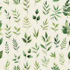 A seamless botanical watercolor illustration featuring a variety of green leaves, perfect for backgrounds, textiles, and eco-friendly concepts