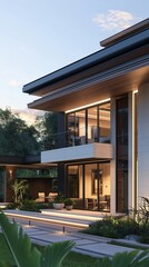 A vertical image of a modern house with an outside balcony and a walkway leading to the house.