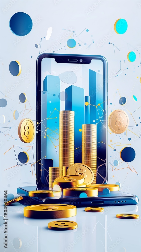 Poster a vertical image of a cell phone surrounded by stacks of coins.